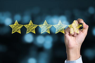 Poster - Businessman writing yellow five star to customer evaluation service and product. Marketing review and evaluation concept.