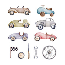 Watercolor Set Of Retro Cars.Toy Car