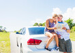 © Tetra Images - Couple at back of car looking at map