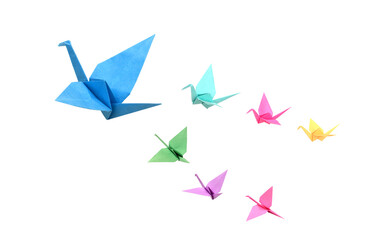Wall Mural - Origami birds flying on white background