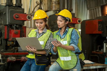 Aufkleber - Industrial workers use laptop working on projects in industrial.