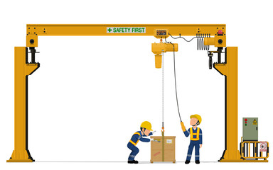 Wall Mural - Two workers are operating overhead crane on white background