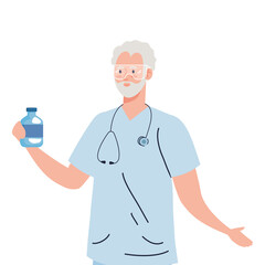 Sticker - medical doctor man with medicine jar design of care health and emergency theme Vector illustration