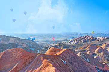 Poster - Balloons in Cappadocia tourist mountain region, Turkey