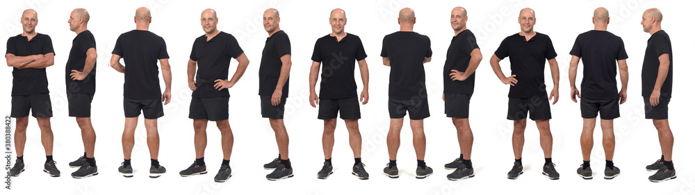 large group of a same man wearing sports shirt and shorts, various poses on white background, - obrazy, fototapety, plakaty 