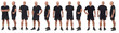 large group of a same man wearing sports shirt and shorts, various poses on white background,