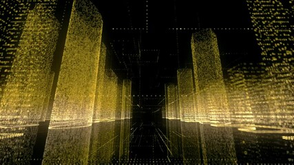 Wall Mural - Camera motion in black cyberspace through the big data digital city consists of yellow and white colored symbols and grids. Digital technology and business concept background. 3D rendering 4k video.