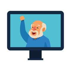 Sticker - old man with hand up in desktop active senior character