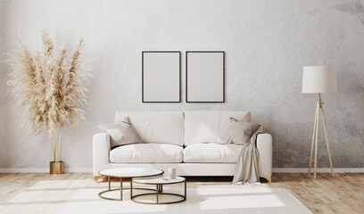 Wall Mural - Empty poster frames in bright contemporary living room mockup with decorative plaster wall and wooden floor, white sofa, floor lamp and coffee table, living room interior background, 3d rendering