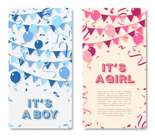 It's A Girl And Boy, Baby Shower Vertical Poster Set, Invitation Or Banner With Blue And Pink Typography Design, Balloons And Bunting. Vector Illustration With Retro Light Bulbs Font.