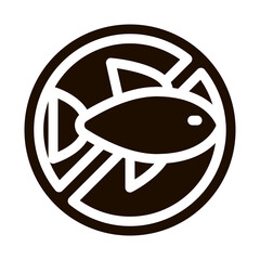 Sticker - Allergen Free Sign Seafood Vector Icon. Allergen Free Sea Food Pictogram. Crossed Out Mark With Seafood Sardine Scomber Healthy Produce. Black And White Contour Illustration