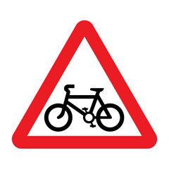 Wall Mural - Cycle route ahead traffic sign. Vector illustration of red triangular warning traffic sign with black bike icon inside. Warning about possibility of pedal cyclist appearing on road.