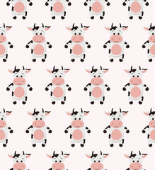 Wall Mural - Seamless funny pattern with doodle cartoon cow