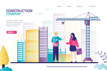 Wall Mural - Engineer and female client discuss unfinished project. Building working process with large crane.