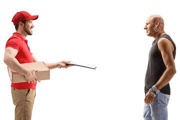 Poster - Delivery man giving a box to a hipster