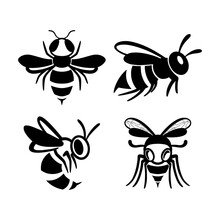 Set Of Flat Line Wasp Icons. Bundle Of Black Insects Silhouettes Isolated On A White Background. Graphic Symbol, Design Template For Logo. Vector Illustration Emblem Of A Bee, Hornet, Pest, Sting.