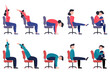 © Marina.Ka - Set of women and men doing office chair exercises. Bundle of workers workout for healthy back, neck, arms, legs. Sport for the wellbeing. Vector illustration isolated on white background.