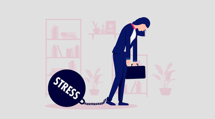 Businesswoman stress - Female person feeling tired and stressed out, dragging a ball on chain as a metaphor for overworked. Vector illustration.