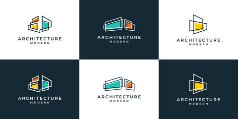 set of building architecture with line art style logo design inspiration.