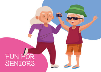 Poster - old couple tourist with camera photographic and lettering active seniors characters