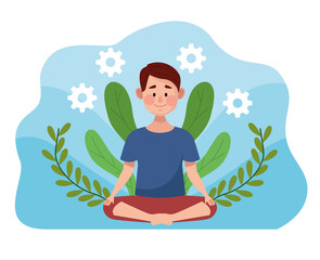 Sticker - young man in lotus position with leafs scene and gears