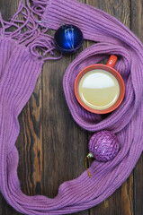 Wall Mural - warming drink and a cozy warm scarf protection for the body in cold weather no people, concept christmas holidays at home lifestyle