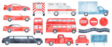 Big Pack Of Different Colorful Cars, Transport Types And Road Signs: Bus, Delivery Truck, Ambulance Vehicle, Cabriolet, Sedan, Sports, Limo, Classic Pickup. Various Views. Handdrawn Watercolour Paint.