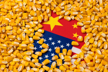 Wall Mural - Flags of China and United States of America covered in corn kernels. Concept of Chinese and American agriculture imports, exports, trade war, agreement and tariffs.