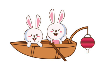 Sticker - cute mid autumn rabbits couple in boat