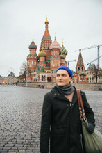 Man Standing In Front Of Saint Basils Cathedral At Red Square, Moscow