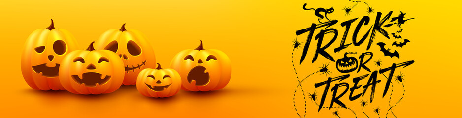 Wall Mural - halloween trick or treat poster and banner template with cute halloween pumpkin on yellow background. Website spooky,Background or banner Halloween template.Vector illustration EPS10