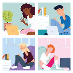 Wall Mural - set of cards with people working from home