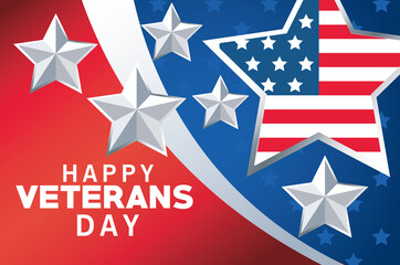 Sticker - happy veterans day lettering with usa flag in star and colors background