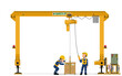 Two workers are operating gantry crane on white background