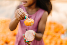 A Young Girl Holding Up A Mini Pumpkin