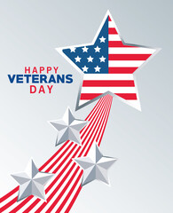 Poster - happy veterans day lettering with usa flag in star gray background