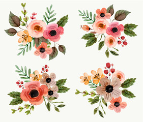 Wall Mural -  Red and Yellow Warm Pretty Floral Watercolor Arrangements Vector Set