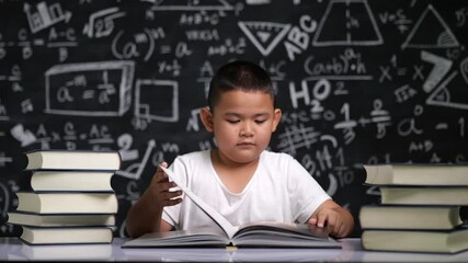 Wall Mural - The little boy was sleepy while reading.