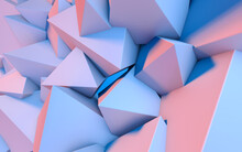 Abstract Background With 3D Shapes Flying In Pink And Blue Light As A Messy Array Or Chaotic Structure For Any Pastel Backdrop