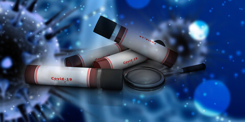 3D illustration covid 19 blood testing with sample bottle search 