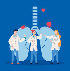 Poster - group of scientifics with lungs and covid19 particles research vaccine