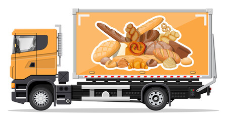 Wall Mural - Truck car full of bread products. Shop and farm delivering service. Delivery and selling bread and grocery products concept. Loaf, baguette, rye. Cargo and logistic. Cartoon flat vector illustration