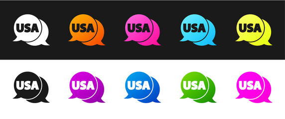 Set USA label icon isolated on black and white background. United States of America. Vector.