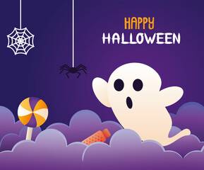 Poster - halloween celebration ghost with lettering and spider hanging