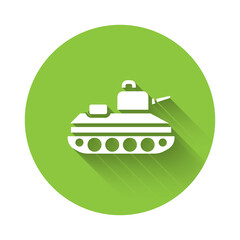 Poster - White Military tank icon isolated with long shadow. Green circle button. Vector.