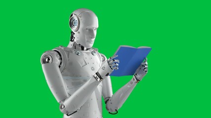 Wall Mural - Machine learning concept with 3d rendering humanoid robot reading a book on green screen background 4k footage