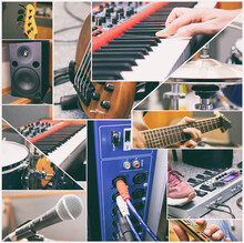 The Collage Of Musical Instruments And Other Music Equipment
