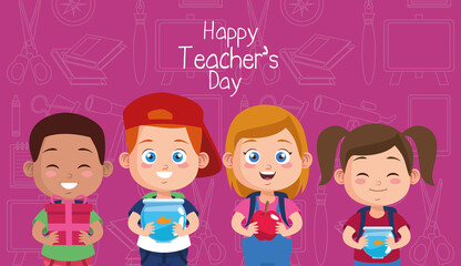 Wall Mural - group of students kids with teachers day gifts