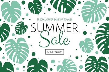 Wall Mural - Summer sale - special offer. Banner with tropical leaves. Vector