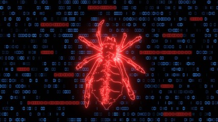 Dangerous bright red low poly spider over binary code background - stylized hacker attack in matrix style - digits in blue and translucent red color on a black background - 3D illustration